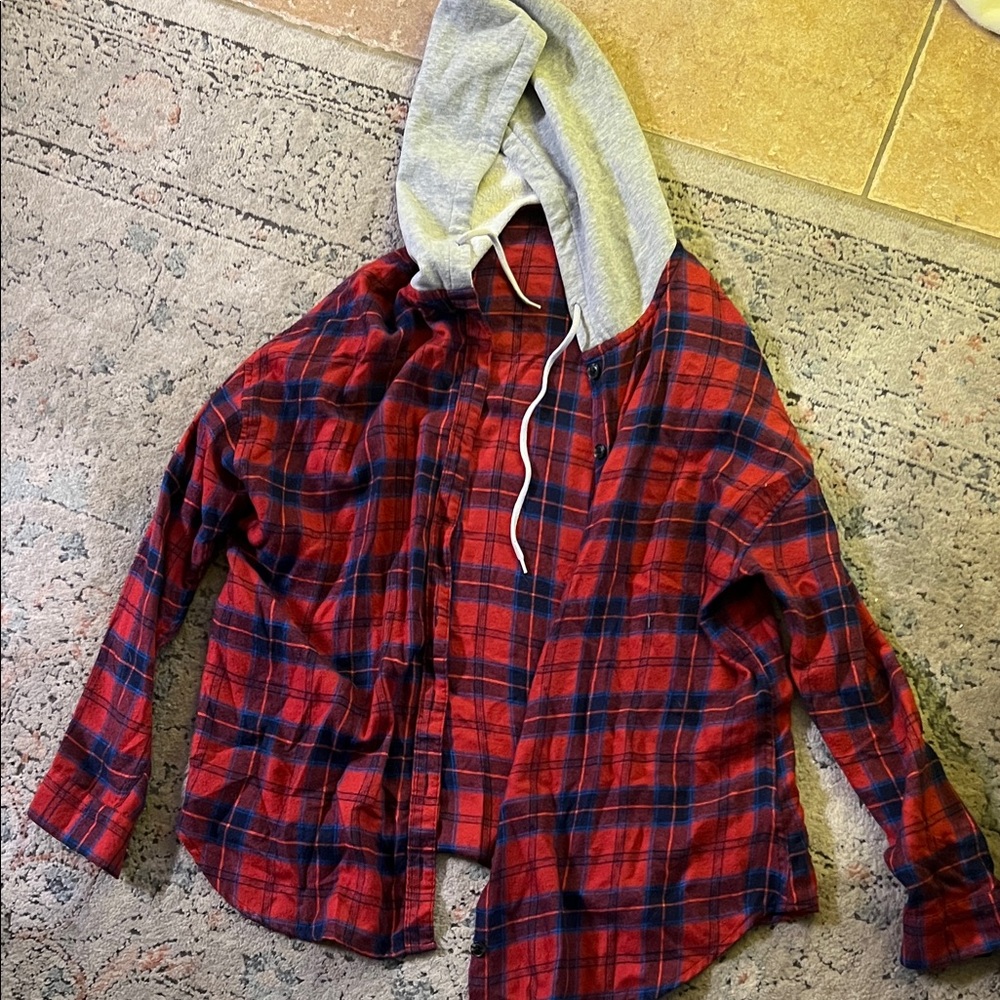 BDG Red and Blue Checkered Flannel Hoodie Shirt